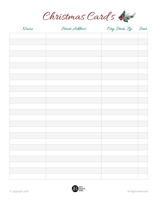 Christmas Card List (Printable)